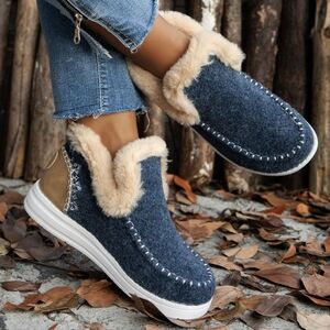 Cozy Women's Faux Fur Lined Slip-On Shoes in Denim Blue